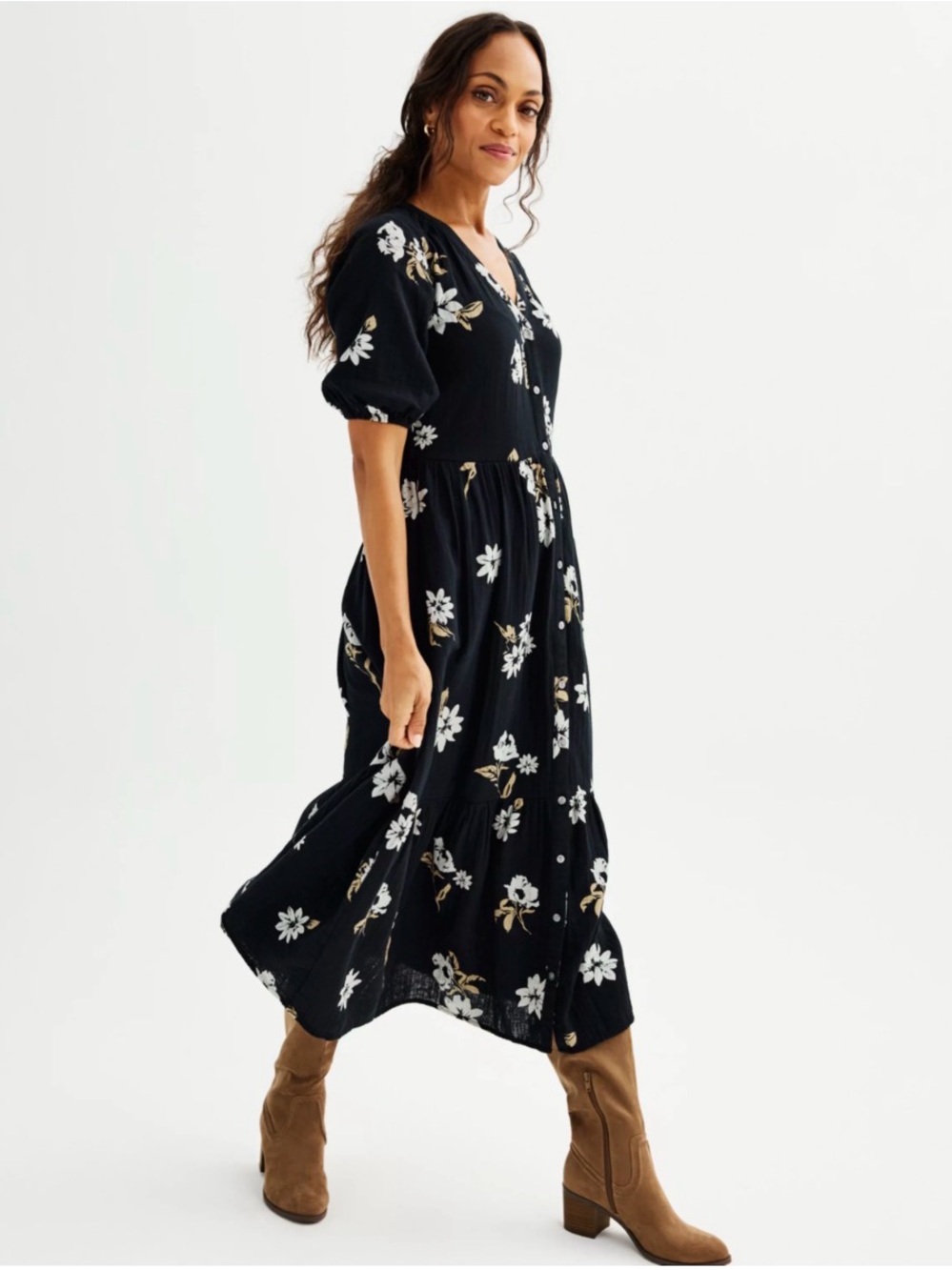 Sonoma Black Maxi Dress with White and Tan Floral Print